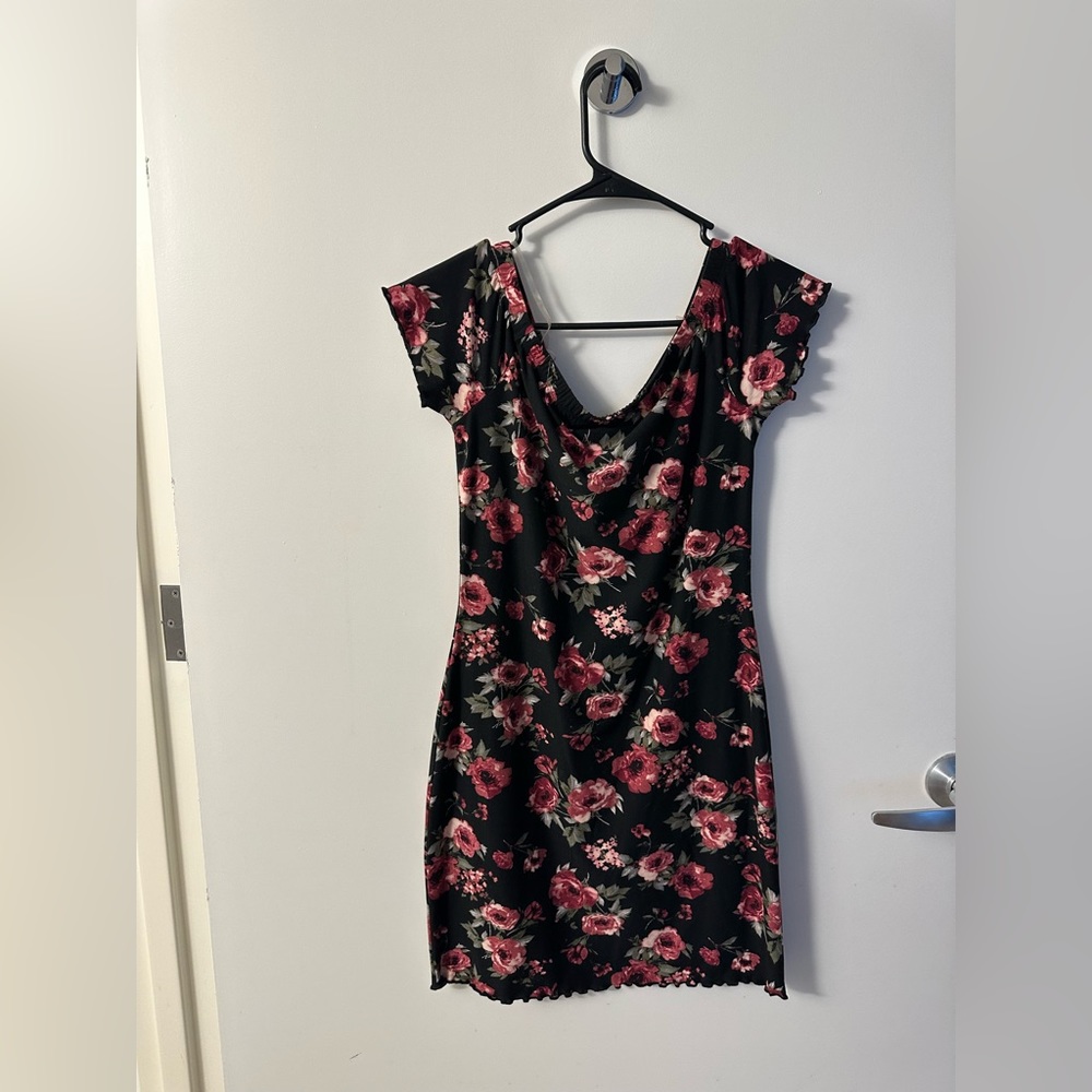 Floral Dress - Black with Pink Flowers - S